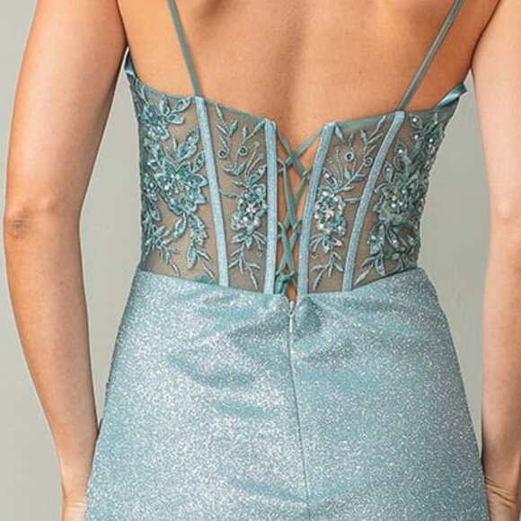 New Floral Fashion Forward Maxi Gown w/ Sheath Silhouette & Lace Up Back DQ 4369 - Picture 5 of 9